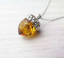 Load image into Gallery viewer, Solid 925 Sterling Silver Real Genuine Cognac Amber Lucky Acorn Pendant Necklace