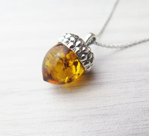 Solid 925 Sterling Silver Real Genuine Cognac Amber Lucky Acorn Pendant Necklace