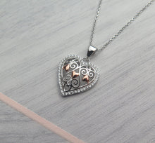 Load image into Gallery viewer, Solid 925 Sterling Silver &amp; Rose Gold Celtic Filigree Crystal Heart Pendant Necklace