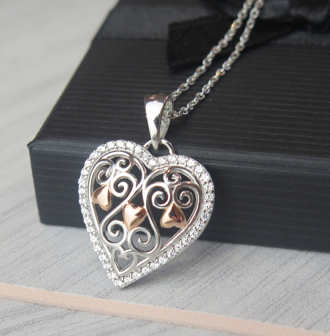 Solid 925 Sterling Silver & Rose Gold Celtic Filigree Crystal Heart Pendant Necklace