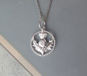 Scottish Thistle Sterling Silver Round Celtic Pendant Necklace
