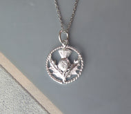 Scottish Thistle Sterling Silver Round Celtic Pendant Necklace