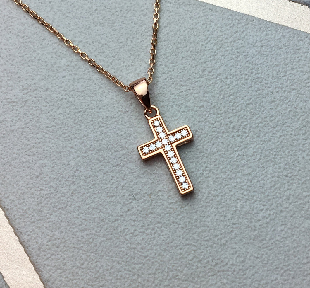 Solid 925 Sterling Silver or Rose Gold Christian Faith Jesus Cross Pendant Necklace