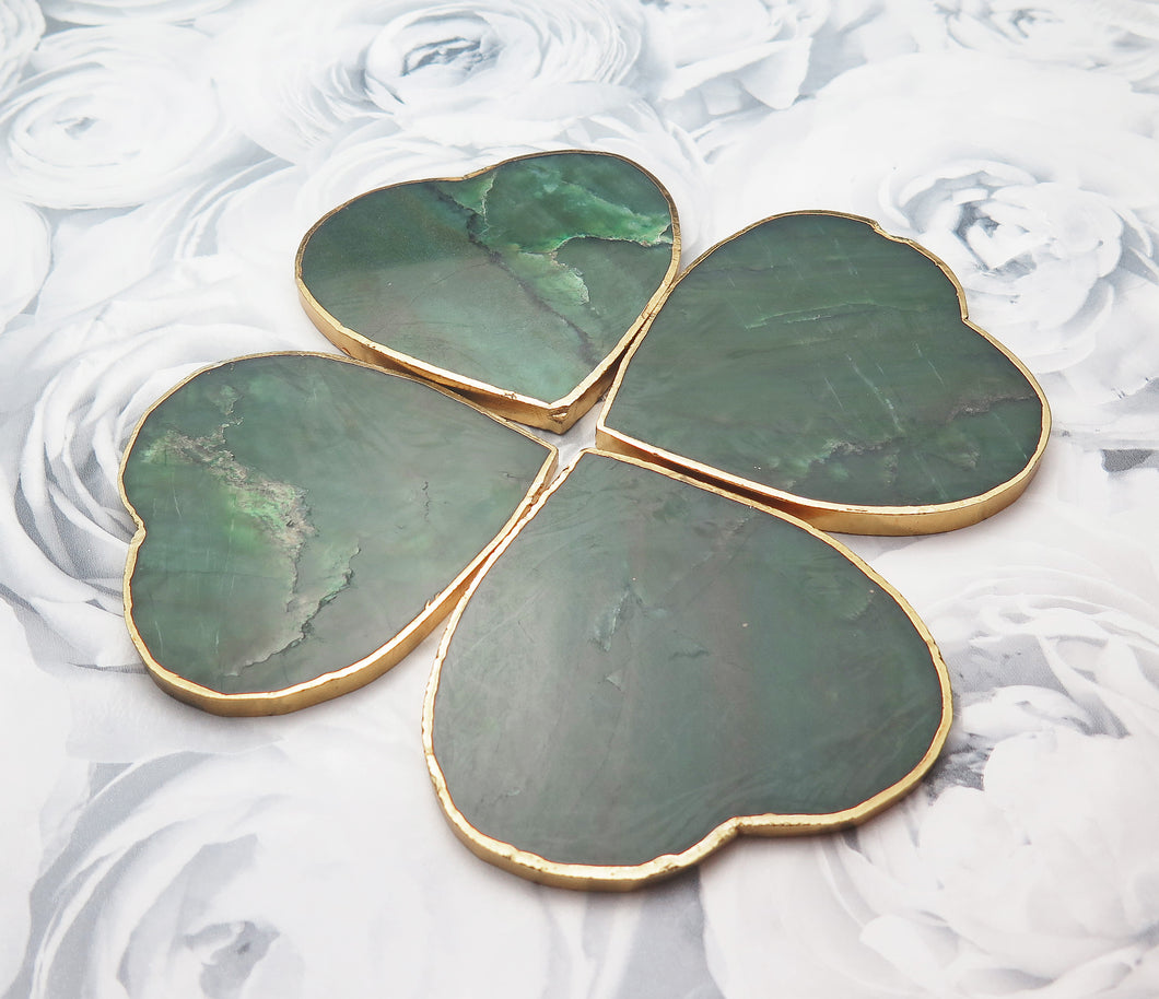 Set of 4 Gold Dipped Jadeite Heart Gemstone Coasters