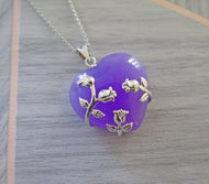 Lucky Rare Genuine Grade A Lavender Jade 925 Sterling Silver Rose Heart Pendant