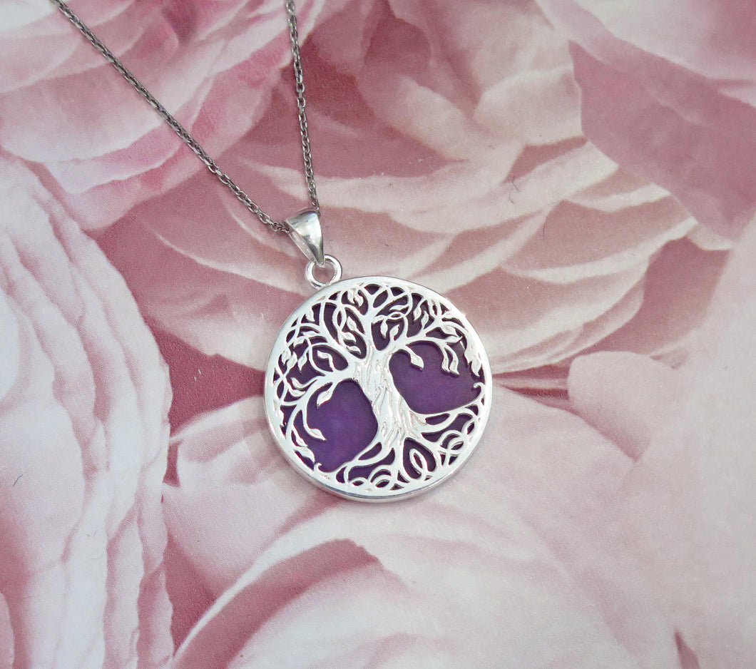 Sterling Silver Lavender Jade Tree of Life Pendant Necklace