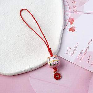 Lucky Porcelain Maneki Neko Cat Mobile Phone Bag Purse Charm in Pink