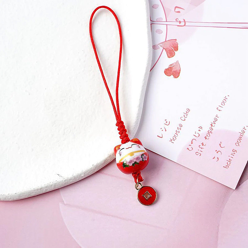 Lucky Porcelain Maneki Neko Cat Mobile Phone Bag Purse Charm in Red Pink Flowers