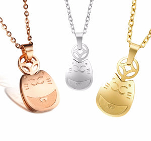 Lucky Cat Maneki Neko Pendant Necklace in Gold, Silver or Rose Gold Plated