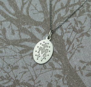 Sterling Silver Small Oxidised Miraculous Medal Pendant Necklace