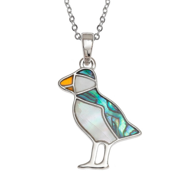 Lucky Genuine Paua Shell and Mother of Pearl Puffin Pendant Necklace