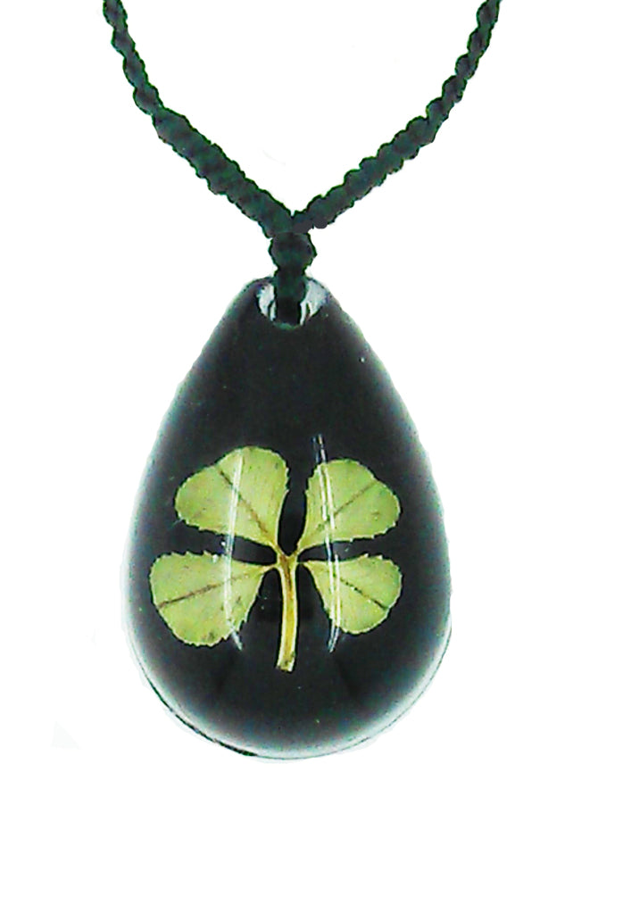 Lucky Real Four Leaf Clover Black Pendant Necklace