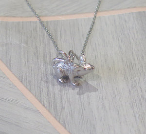 Sterling Silver Solid 925 Rat Mouse Pendant Necklace