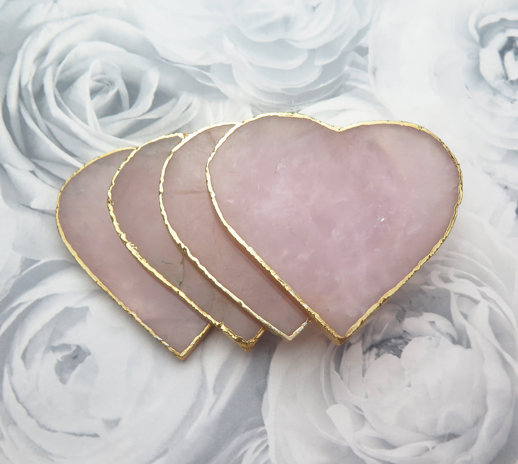 Set of 4 Gold Dipped Rose Quartz Heart Gemstone Coasters