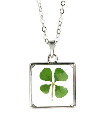 Lucky Real Four Leaf Clover Square Glass Pendant Necklace