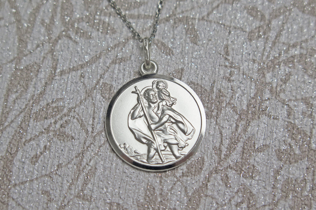 Sterling Silver Large Saint Christopher Pendant Necklace