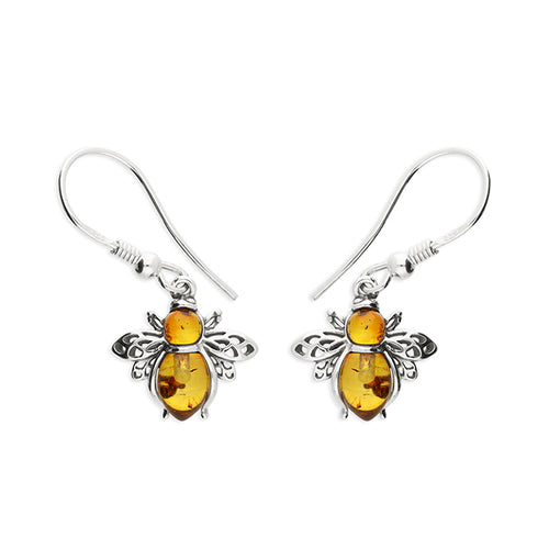 Solid 925 Sterling Silver Real Amber Bumble Bee Earrings