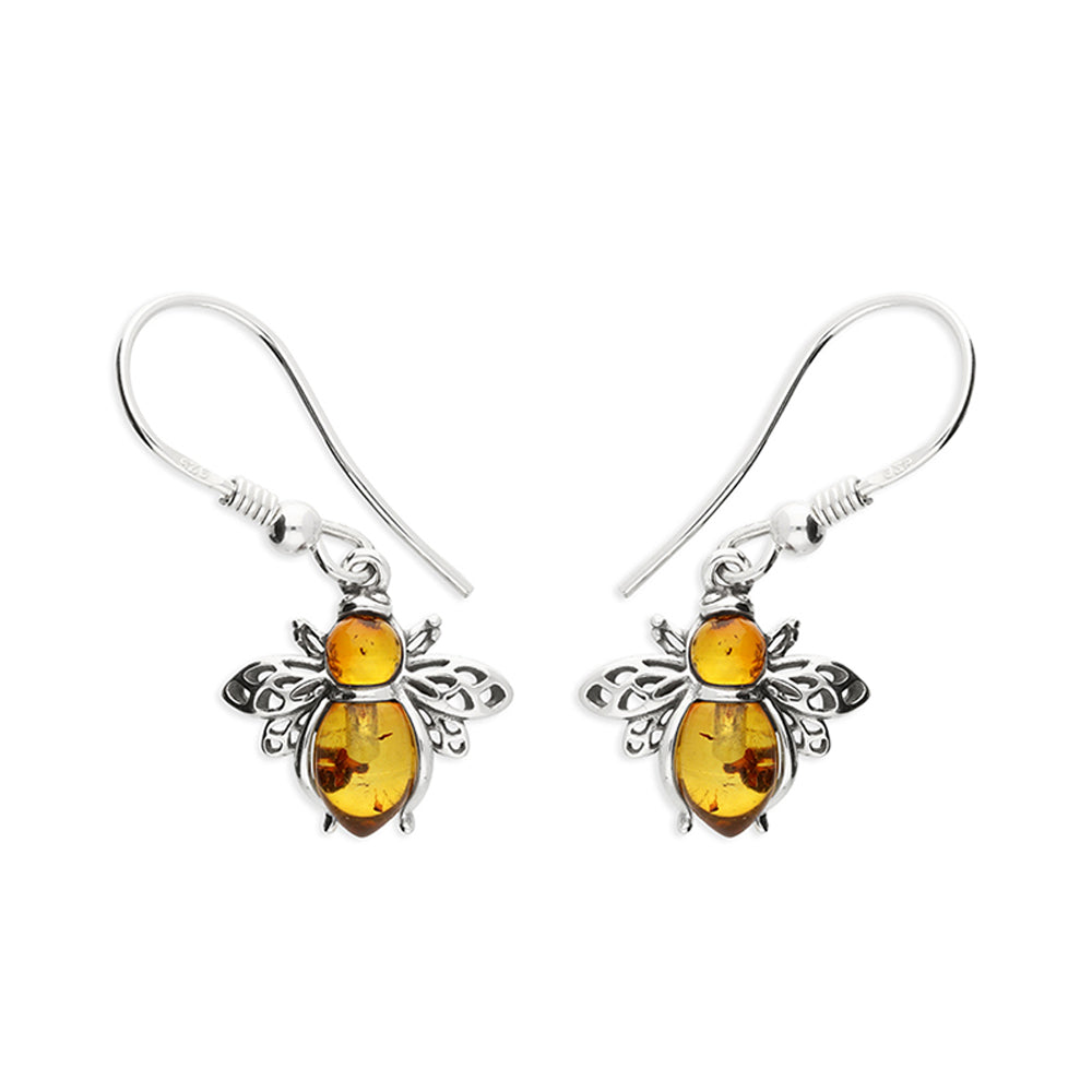 Solid 925 Sterling Silver Real Amber Bumble Bee Earrings