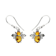 Solid 925 Sterling Silver Real Amber Bumble Bee Earrings