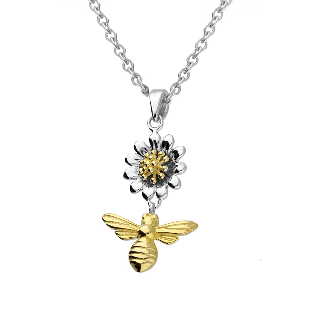 Solid 925 Sterling Silver Bumble Bee Daisy Flower Pendant Necklace