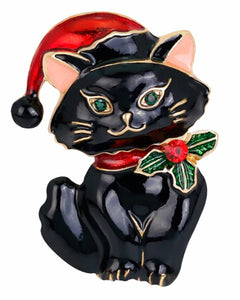 Crystal Cat in Black or White Christmas Brooch