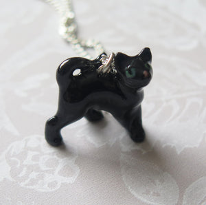 Black Cat Kitten Porcelain Pendant Necklace