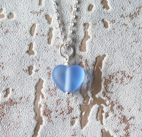 Frosted Blue Lampwork Heart Pendant Necklace
