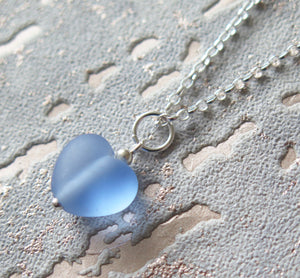 Frosted Blue Lampwork Heart Pendant Necklace