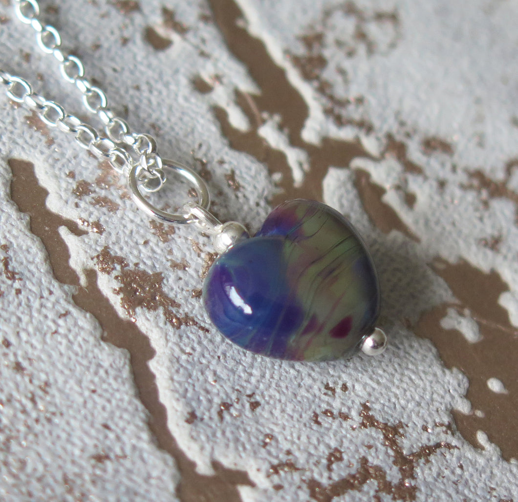 Royal Purple Marble Effect Glass Lampwork Heart Pendant Necklace