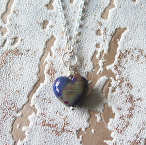 Royal Purple Marble Effect Glass Lampwork Heart Pendant Necklace