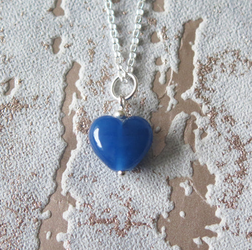 Royal Blue Glass Lampwork Heart Pendant Necklace