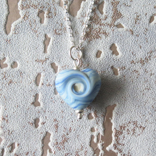 Frosted Blue Glass Lampwork Beach Wave Swirl Heart Pendant Necklace