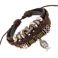 Christian Faith Ichthys Jesus Symbol Leather Adjustable Bracelet in Brown Leather