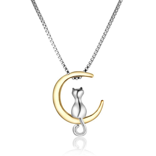 Lucky Cat on the Moon 18K Rose Gold and Silver Plated Pendant Necklace