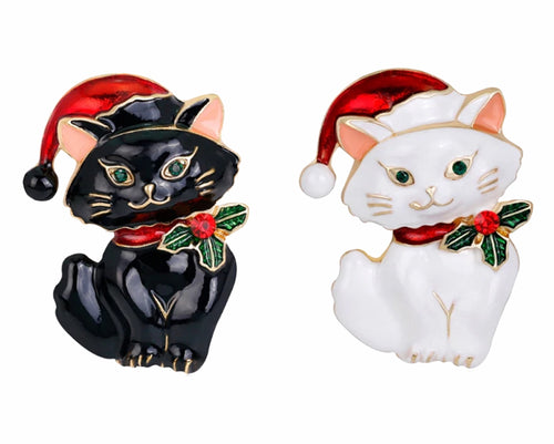 Crystal Cat in Black or White Christmas Brooch