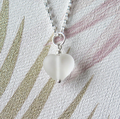 Frosted Clear Lampwork Heart Pendant Necklace