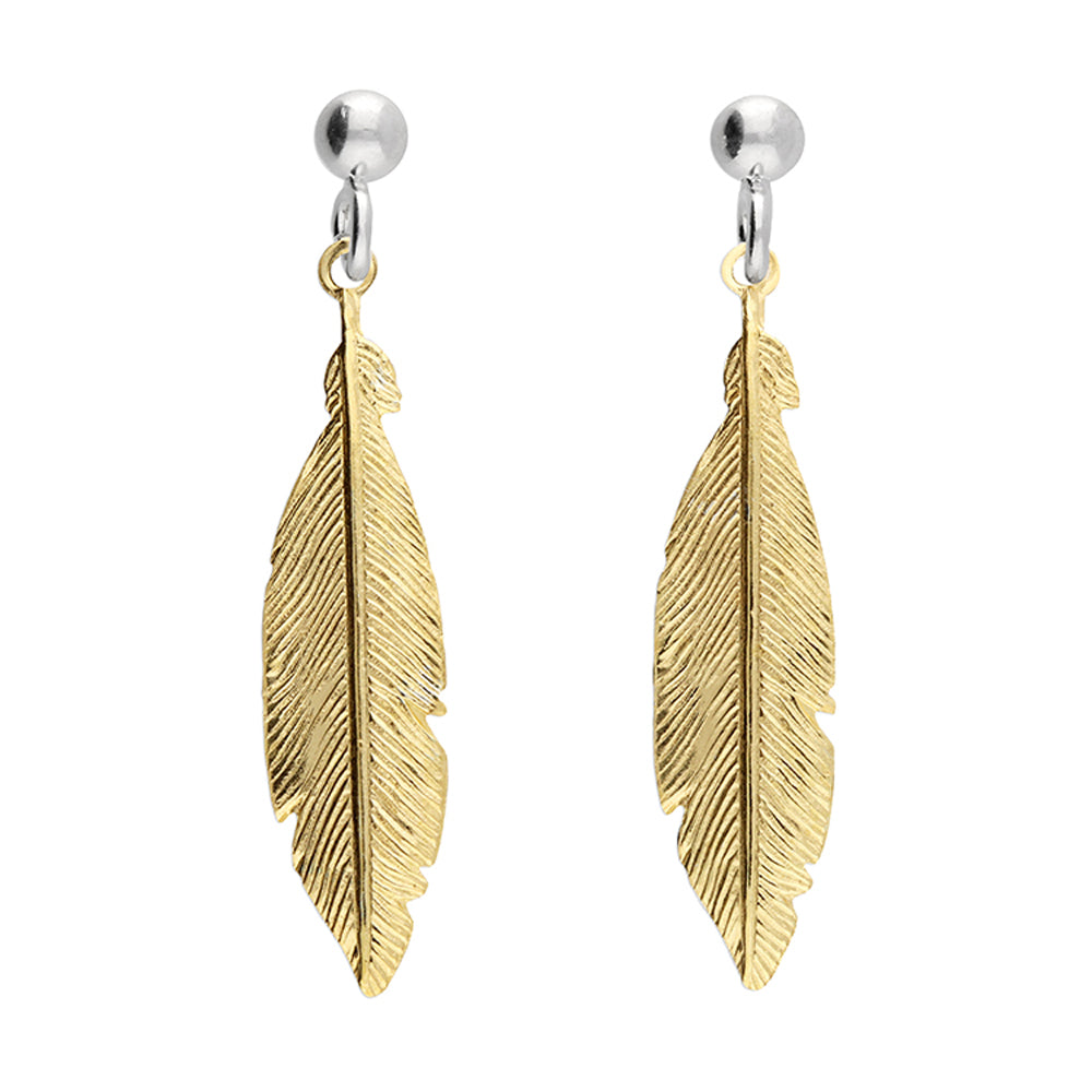 Spiritual Feather Solid 925 Sterling Silver 24k Gold Plated Earrings