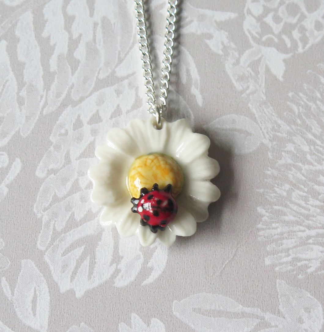 Ladybird Daisy Flower Porcelain Pendant Necklace