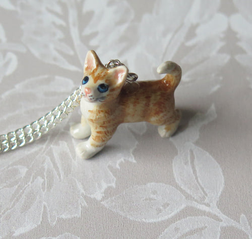 Ginger Tabby Cat Kitten Porcelain Pendant Necklace