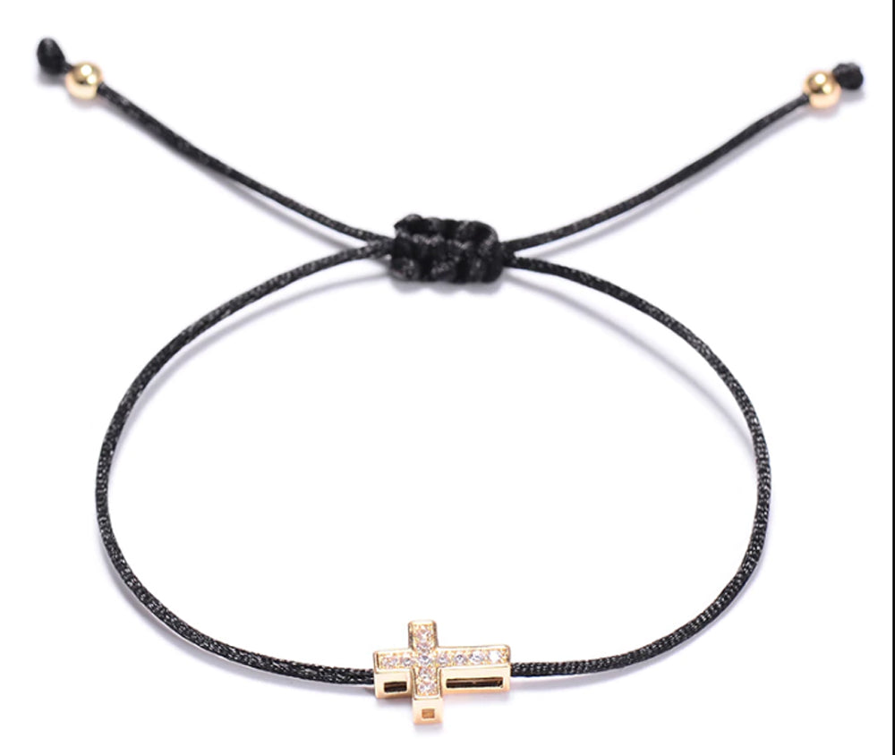 Christian Faith Jesus Cross Crystal Silk Adjustable Bracelet in Gold or Rose Gold