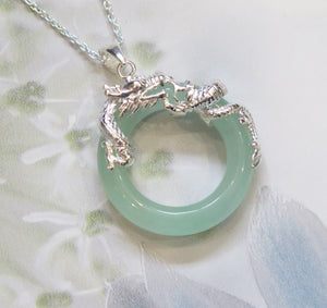 Sterling Silver Jade Chinese Dragon Pendant Necklace