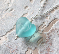 Frosted Blue Glass Lampwork Beach Wave Swirl Heart Pendant Necklace