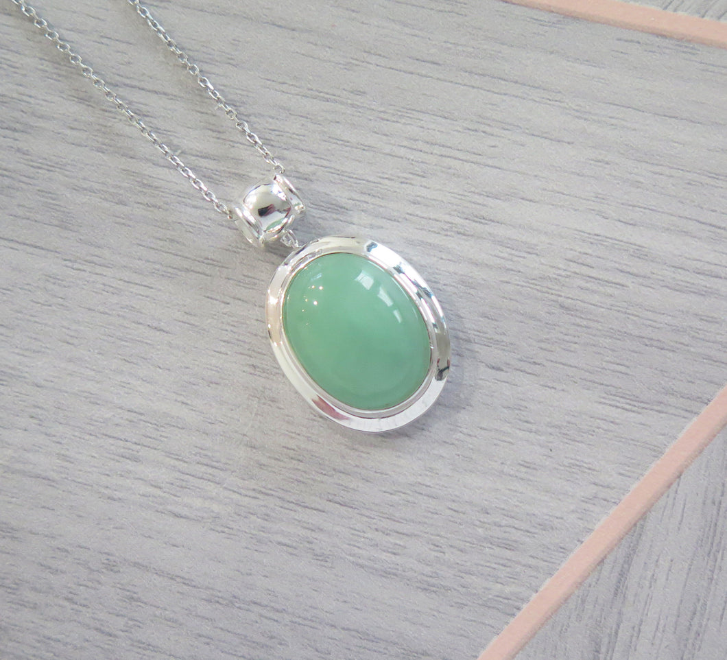 Lucky Real Genuine Grade A Natural Green Jade & 925 Sterling Silver Oval Pendant