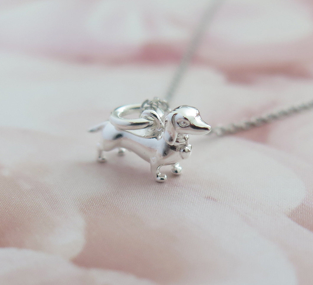 Solid 925 Sterling Silver Miniature Dachshund Pendant Necklace