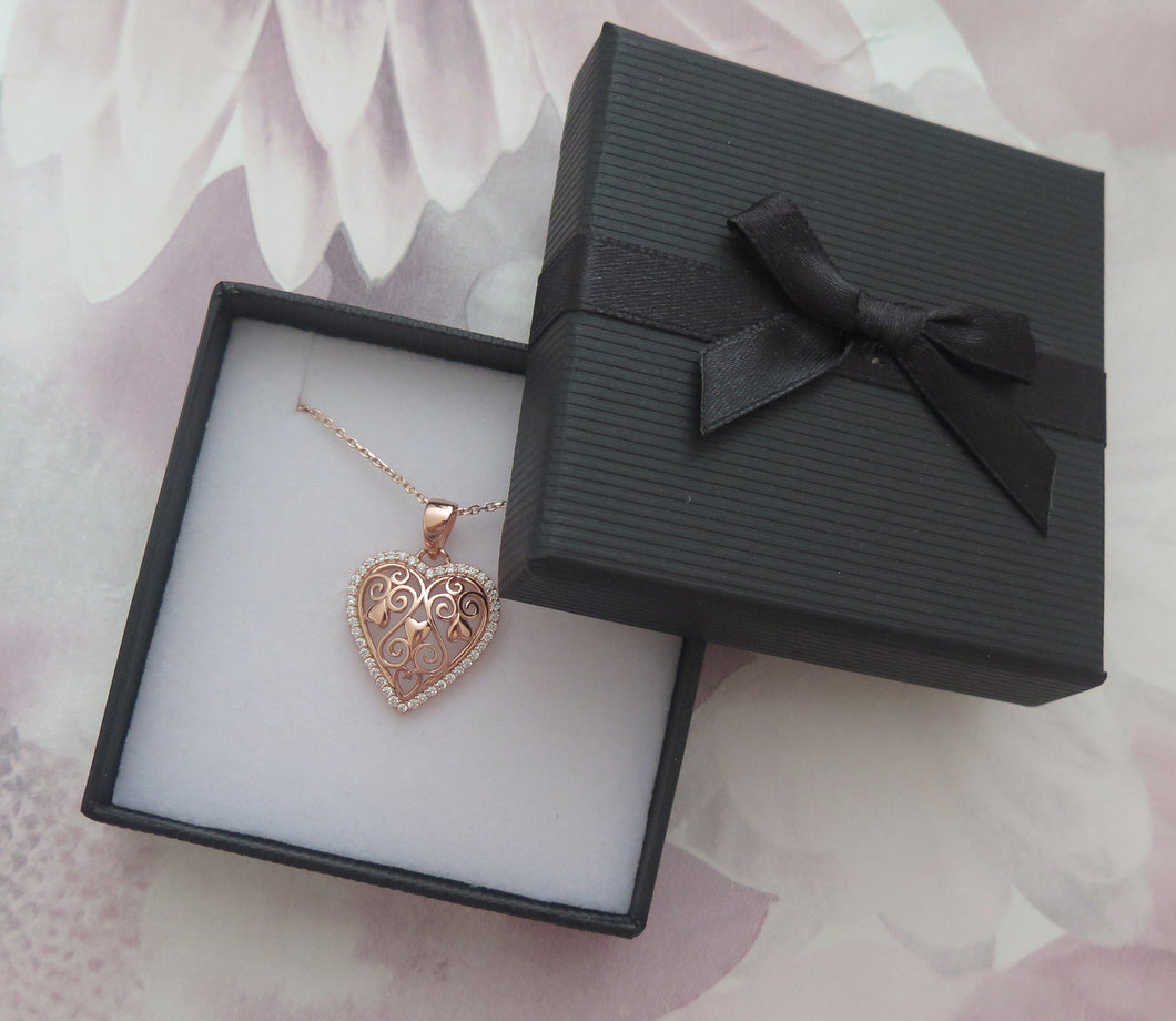 Celtic Knot Love Heart Rose Gold Plated Solid 925 Sterling Silver Pendant Necklace with Filigree Celtic Knotwork