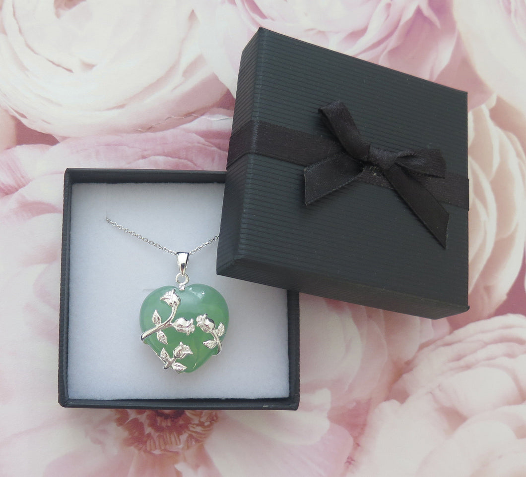 Lucky Grade A Natural Green Jade & 925 Sterling Silver Rose Heart Pendant