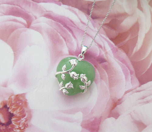 Lucky Grade A Natural Green Jade & 925 Sterling Silver Rose Heart Pendant