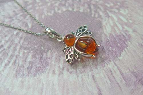 Solid 925 Sterling Silver Real Genuine Cognac Amber Lucky Bee Pendant Necklace