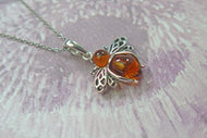 Solid 925 Sterling Silver Real Genuine Cognac Amber Lucky Bee Pendant Necklace