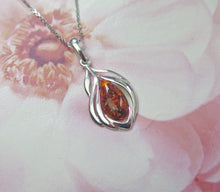 Load image into Gallery viewer, Solid 925 Sterling Silver Real Genuine Cognac Amber Leaf Pendant Necklace